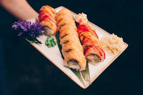 Large set of Sushi Rolls Warm Ebi Sake Unagi Spring Philadelphia roll Stock Photos