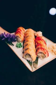 Large set of Sushi Rolls Warm Ebi Sake Unagi Spring Philadelphia roll Stock Photos