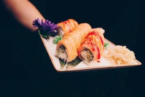 Large set of Sushi Rolls Warm Ebi Sake Unagi Spring Philadelphia roll Stock Photos