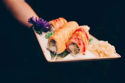 Large set of Sushi Rolls Warm Ebi Sake Unagi Spring Philadelphia roll Stock Photos