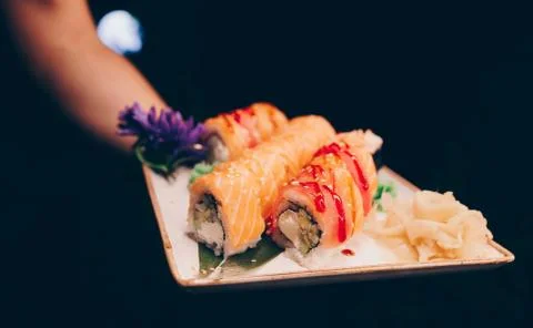 Large set of Sushi Rolls Warm Ebi Sake Unagi Spring Philadelphia roll Stock Photos