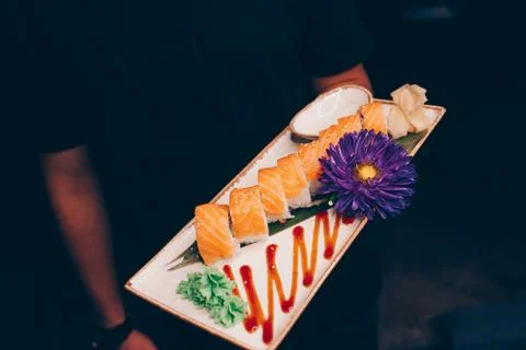 Large set of Sushi Rolls Warm Ebi Sake Unagi Spring Philadelphia roll Stock Photos