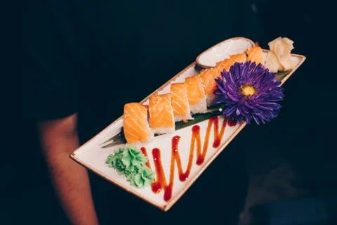 Large set of Sushi Rolls Warm Ebi Sake Unagi Spring Philadelphia roll Stock Photos