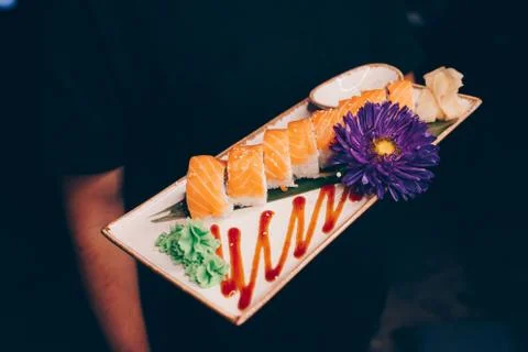 Large set of Sushi Rolls Warm Ebi Sake Unagi Spring Philadelphia roll Stock Photos