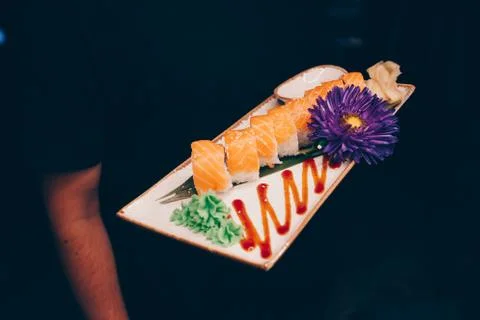 Large set of Sushi Rolls Warm Ebi Sake Unagi Spring Philadelphia roll Stock Photos