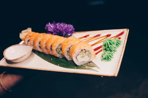 Large set of Sushi Rolls Warm Ebi Sake Unagi Spring Philadelphia roll Stock Photos