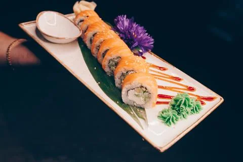 Large set of Sushi Rolls Warm Ebi Sake Unagi Spring Philadelphia roll Stock Photos