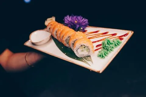 Large set of Sushi Rolls Warm Ebi Sake Unagi Spring Philadelphia roll Stock Photos