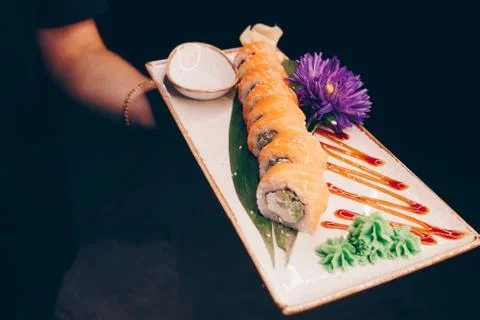 Large set of Sushi Rolls Warm Ebi Sake Unagi Spring Philadelphia roll Stock Photos