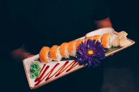 Large set of Sushi Rolls Warm Ebi Sake Unagi Spring Philadelphia roll Stock Photos