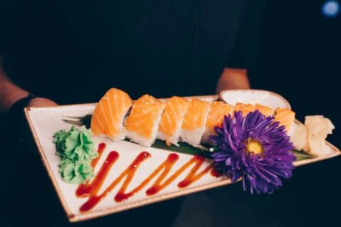 Large set of Sushi Rolls Warm Ebi Sake Unagi Spring Philadelphia roll Stock Photos