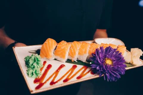 Large set of Sushi Rolls Warm Ebi Sake Unagi Spring Philadelphia roll Stock Photos