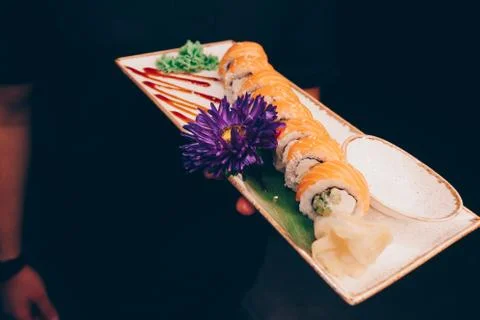 Large set of Sushi Rolls Warm Ebi Sake Unagi Spring Philadelphia roll Stock Photos