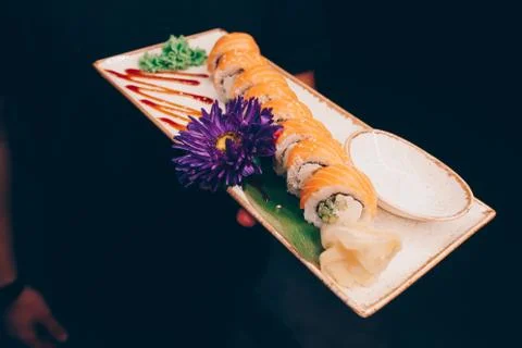 Large set of Sushi Rolls Warm Ebi Sake Unagi Spring Philadelphia roll Stock Photos