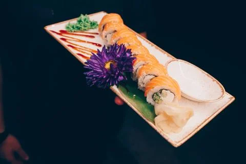 Large set of Sushi Rolls Warm Ebi Sake Unagi Spring Philadelphia roll Stock Photos