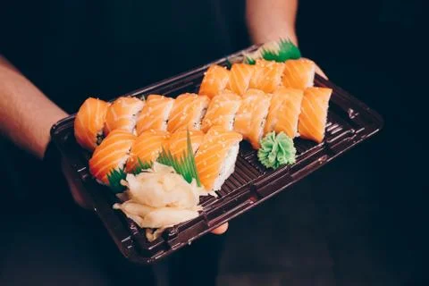 Large set of Sushi Rolls Warm Ebi Sake Unagi Spring Philadelphia roll Foto stock