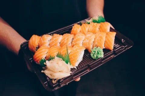 Large set of Sushi Rolls Warm Ebi Sake Unagi Spring Philadelphia roll Stock Photos