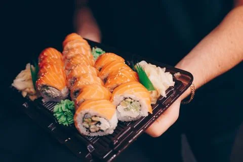 Large set of Sushi Rolls Warm Ebi Sake Unagi Spring Philadelphia roll Stock Photos