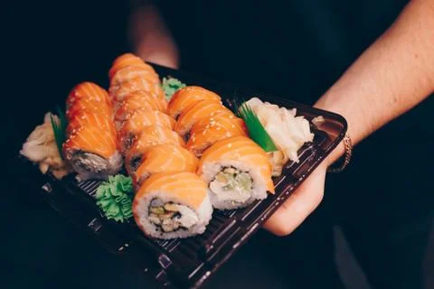 Large set of Sushi Rolls Warm Ebi Sake Unagi Spring Philadelphia roll Stock Photos