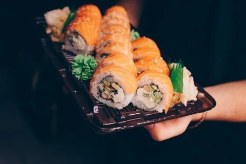 Large set of Sushi Rolls Warm Ebi Sake Unagi Spring Philadelphia roll Stock Photos