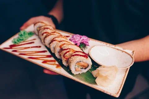 Large set of Sushi Rolls Warm Ebi Sake Unagi Spring Philadelphia roll Stock Photos