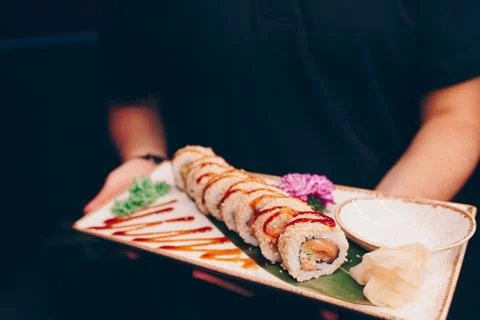 Large set of Sushi Rolls Warm Ebi Sake Unagi Spring Philadelphia roll Stock Photos