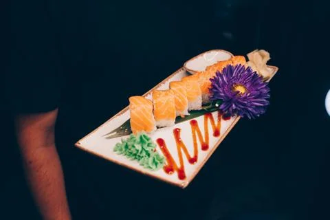 Large set of Sushi Rolls Warm Ebi Sake Unagi Spring Philadelphia roll Stock Photos