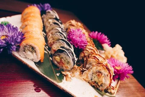 Large set of Sushi Rolls Warm Ebi Sake Unagi Spring Philadelphia roll Stock Photos