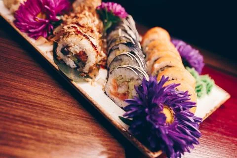 Large set of Sushi Rolls Warm Ebi Sake Unagi Spring Philadelphia roll Stock Photos