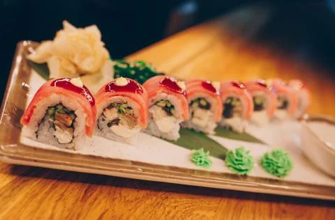 Large set of Sushi Rolls Warm Ebi Sake Unagi Spring. A lot assortment Philade Stock Photos