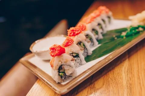 Large set of Sushi Rolls Warm Ebi Sake Unagi Spring Philadelphia roll Stock Photos