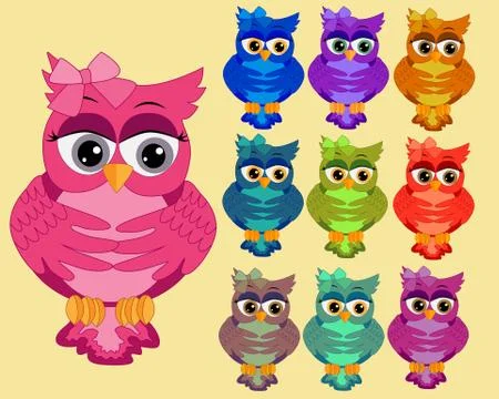 A large set of ten multi-colored bright cartoonish, cute owls with big eyes and Stockillustratie