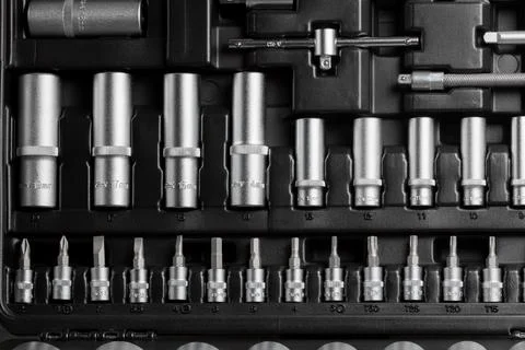 A large set of tools in a black box close-up Stock Photos