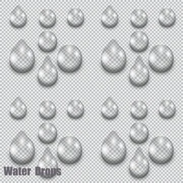 A large set of transparent water drops on checkered background, illustration Stock Illustration