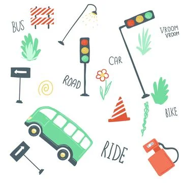 Large set of urban elements flat simple cartoon style hand drawing. cars, roa イラスト素材