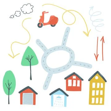 Large set of urban elements flat simple cartoon style hand drawing. cars, roads イラスト素材