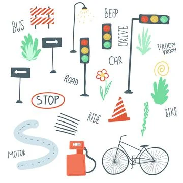Large set of urban elements flat simple cartoon style hand drawing. cars, roads 스톡 일러스트