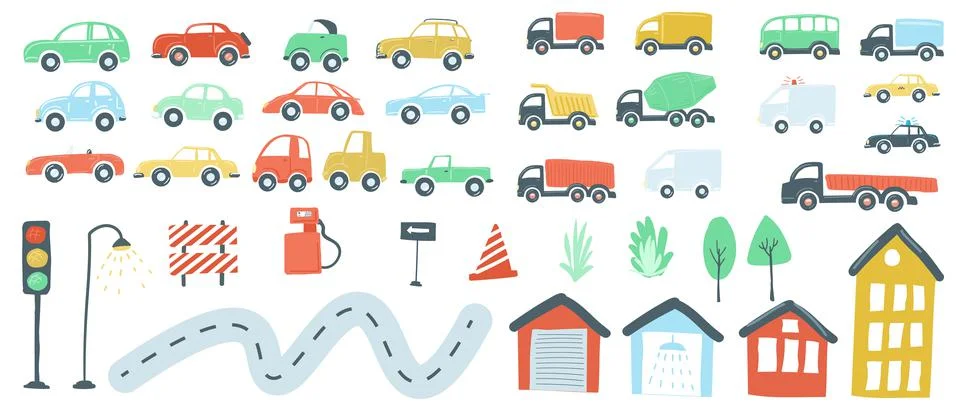 Large set of urban elements flat simple cartoon style hand drawing. cars, roads Stock Illustration