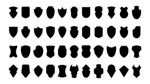 Large set of various shield shapes with simple and decorative designs. Vect.. Stock Illustration