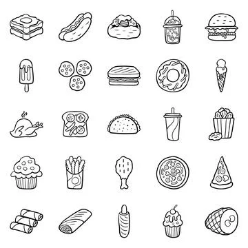 A large set of vector icons of fast food in a flat style outline, which dep.. Stock Illustration