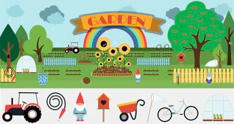 A large set of vector items for the garden. Flat garden illustration design with Stock Illustration