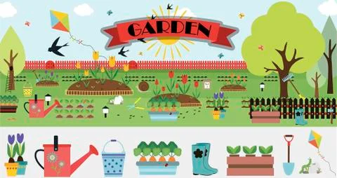 A large set of vector items for the garden. Flat garden illustration design with Stock Illustration