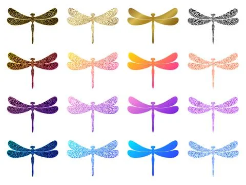 Large set of vector silhouettes of decorative dragonflies. Illustrazione stock
