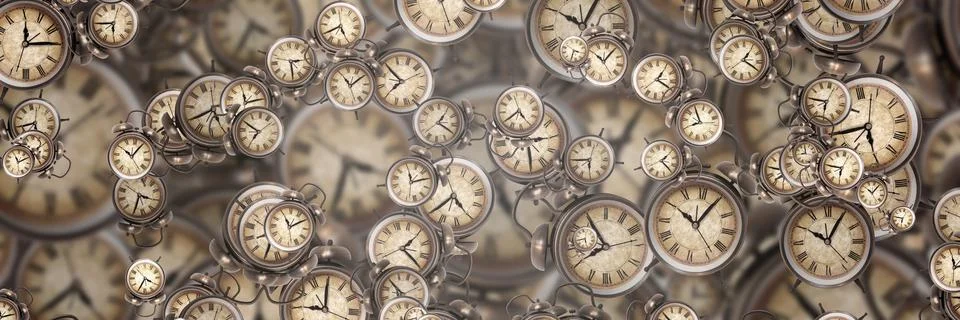 Large set of vintage clock faces. Texture of time, Elegant collection. 3d ill Stock Illustration