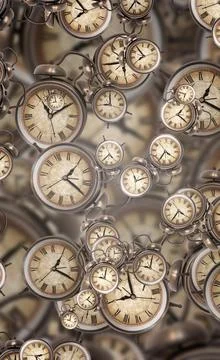 Large set of vintage clock faces. Texture of time, Elegant collection. 3d ill Stock Illustration