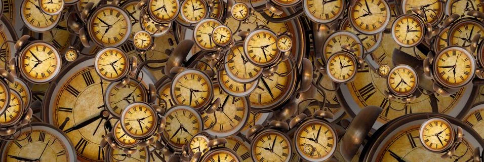 Large set of vintage clock faces. Texture of time, Elegant collection. 3d ill Stock Illustration