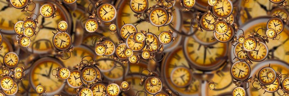 Large set of vintage clock faces. Texture of time, Elegant collection. 3d ill Illustrazione stock