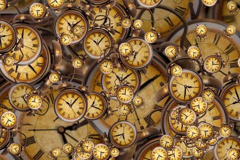 Large set of vintage clock faces. Texture of time, Elegant collection. 3d ill Stock Illustration