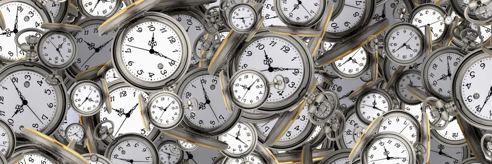 Large set of vintage clock faces. Texture of time, Elegant collection. 3d ill Stock Illustration