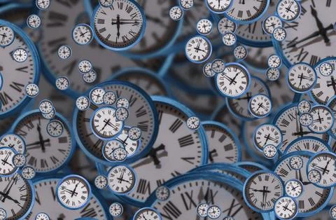 Large set of vintage clock faces. Texture of time, Elegant collection. 3d ill Stock Illustration